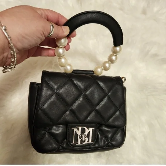Badgley Mischka/Vegan Leather Clutch Bag Pearl Handle Black Crossbody Purse - Picture 7 of 9